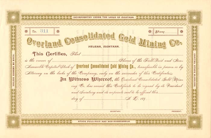 Overland Consolidated Gold Mining Co. - Stock Certificate
